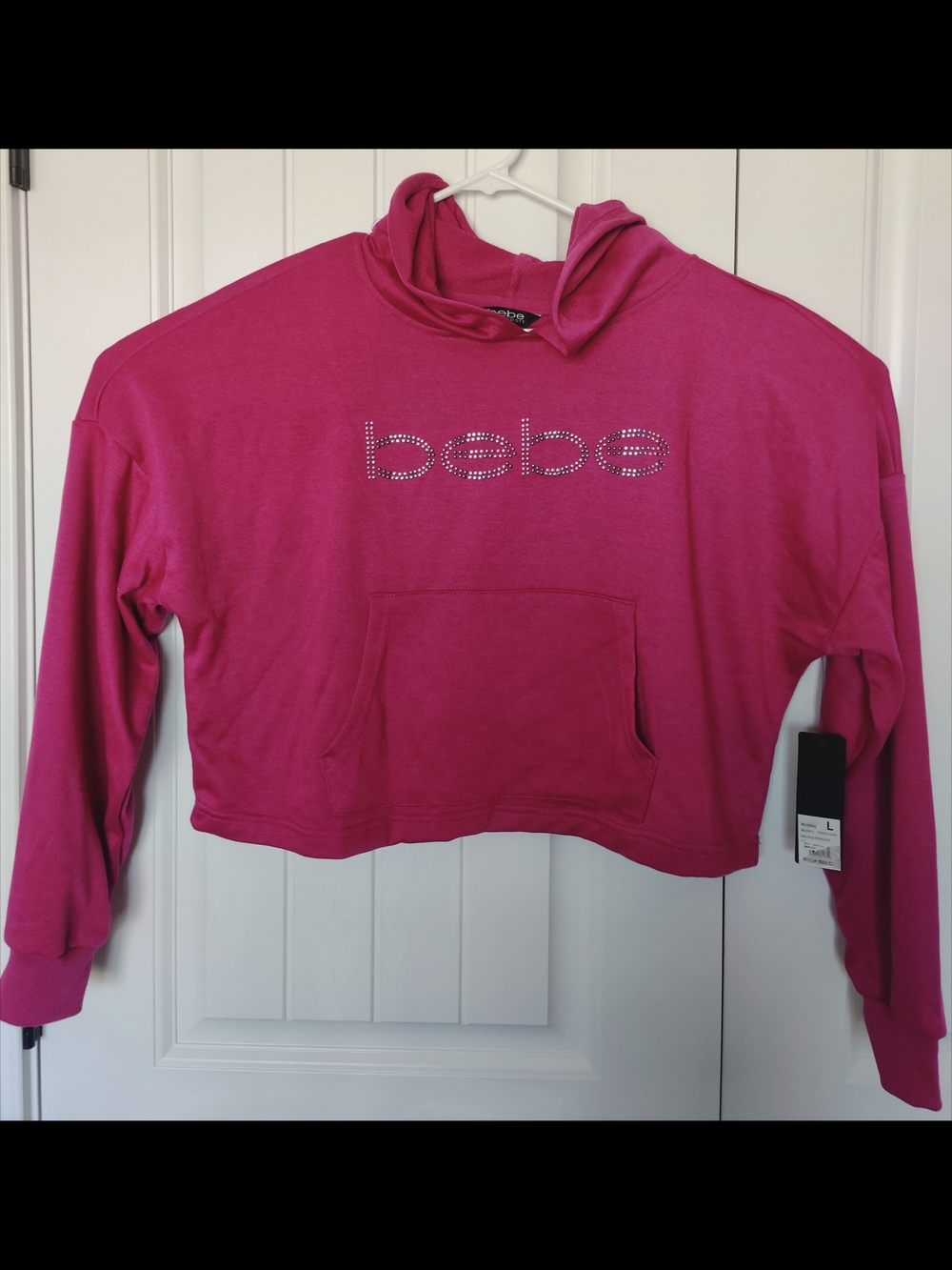 bebe Fuchsia Rhinestone Hooded Logo Cropped Sweater